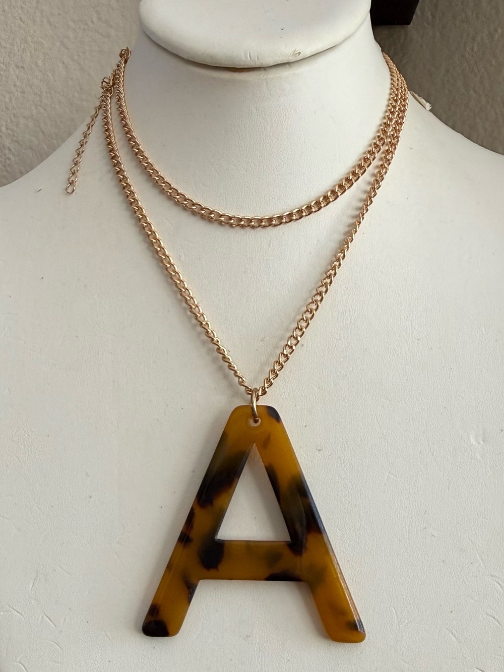 Tortoiseshell Acrylic Letter A Pendant Gold Plated Stainless Steel Chain - Picture 4 of 8